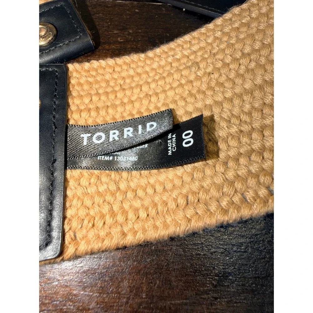 Torrid Womens Tan Woven Stretch Cinch Belt Black Faux Leather Wood Ring Sz 00